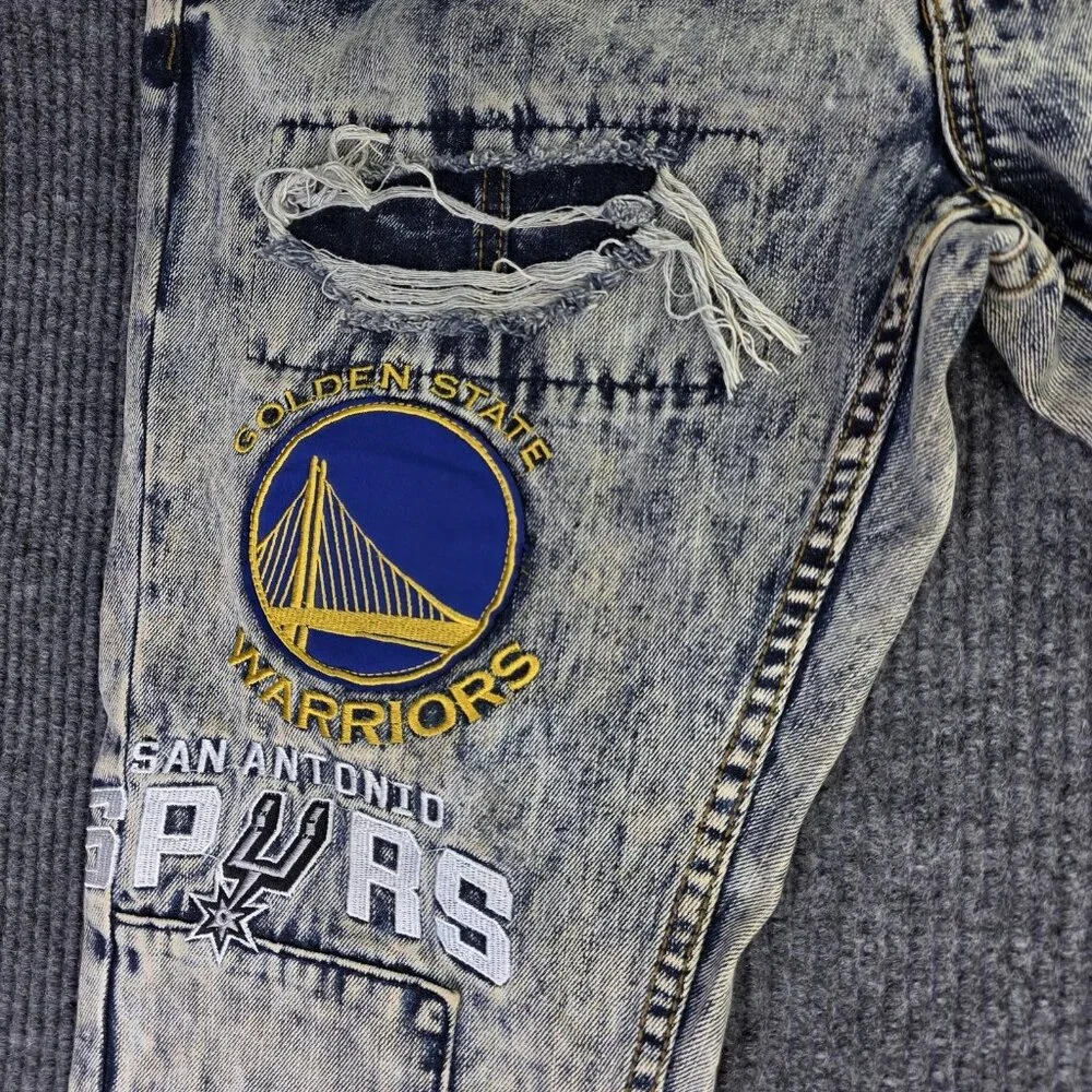 UNK Heritage America Jeans Mens 36 x 34 NBA Basketball Distressed Patches Grunge - Picture 7 of 16
